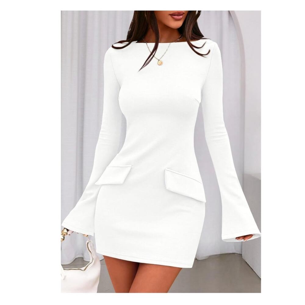 PRETTYGARDEN Womens Fall Long Sleeve Mini Dress White XL - Picture 3 of 8